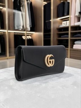 Authentic Gucci Broadway GG Envelope Clutch Black Leather w/ Dust Bag & Cards